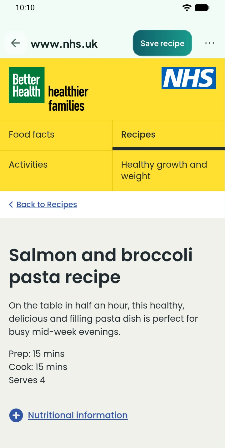 A recipe page ready to save