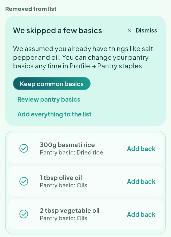 Pantry basics removed from the shopping list with Add back actions