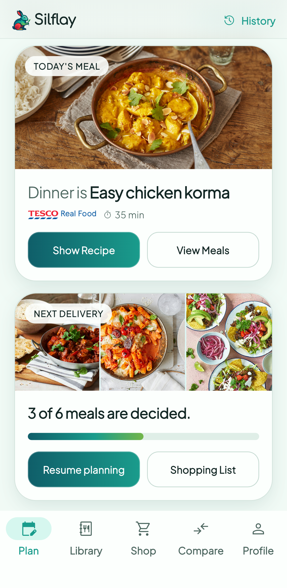Silflay meal plan overview screen