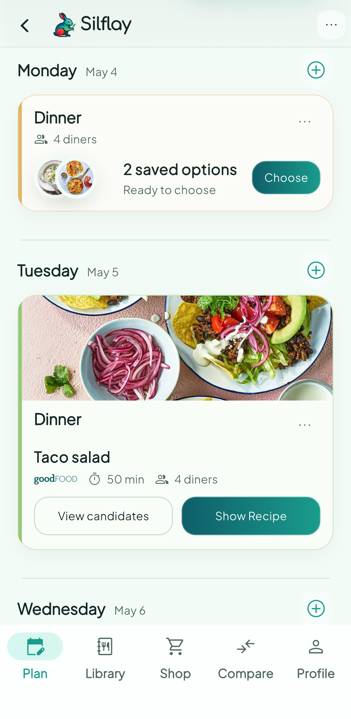 Silflay meal planning screen