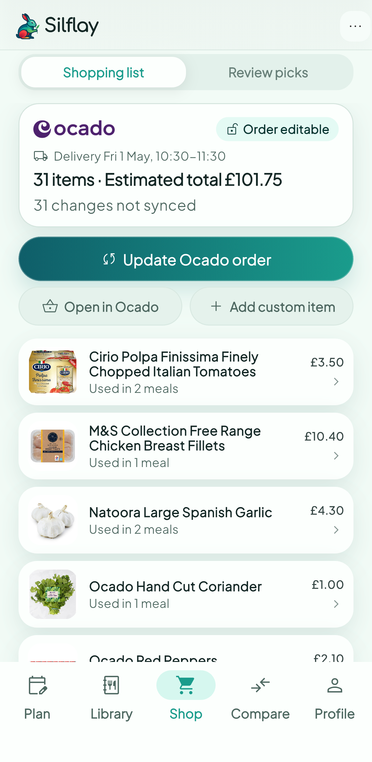 Silflay supermarket basket review screen