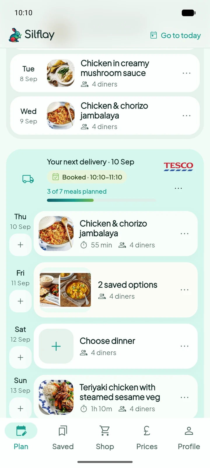 Silflay flexible meal planning timeline on Android