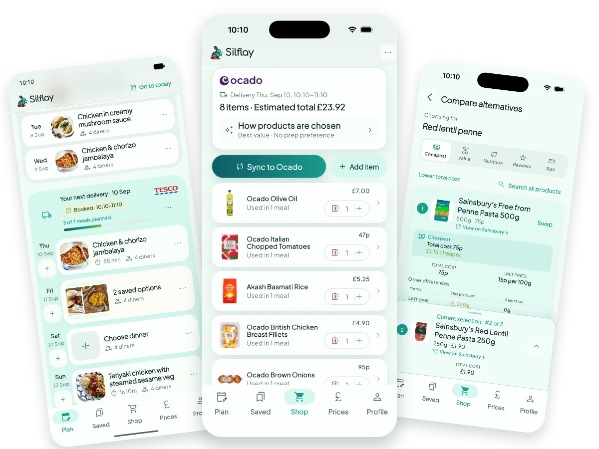 Silflay meal planning, shopping and product comparison screens