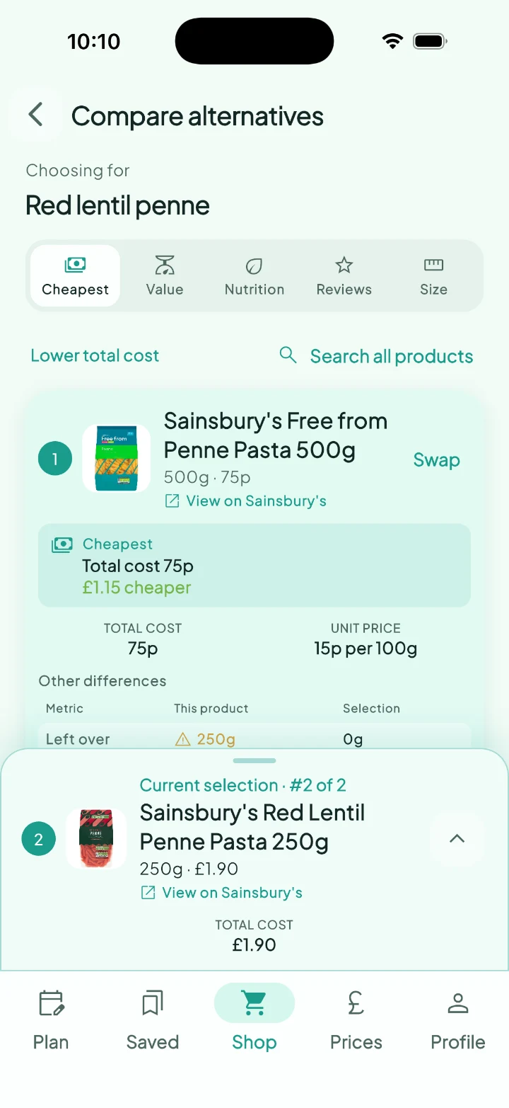 Silflay product comparison screen on iPhone